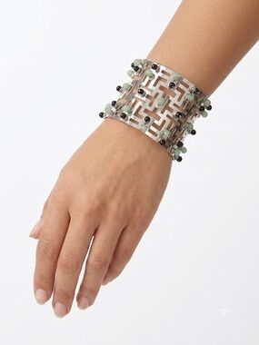 Silver Wide Cuff Bracelet with Mint and Black Beads